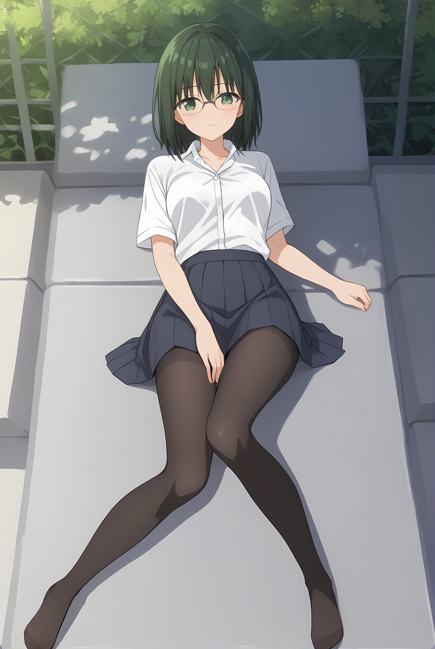 (school uniform skirt white shirt black pantyhose uwabaki), hm-sakura, green hair, green eyes, [glasses, medium hair], medium breasts, 1girl, solo, skinny, score_9, score_8_up, score_8, score_7_up, score_7, score_6_up, score_6, score_5_up, score_5, source_anime, blush, night sky outdoors, (1.3::full body|sitting|standing|lying|straight-on|0.6::close-up| :1.20), , <lora:hm-sakura-V01-000003:0.60>