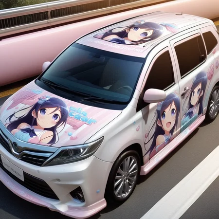 aragaki ayase,smile,vehicle focus, from side(lapping car,print car,painted car style),masterpiece,best quality, very aesthetic, absurdres, ultra detailed <lora:Ayase_Aragaki_-_Oreimo:0.7> <lora:lappingcar:1>