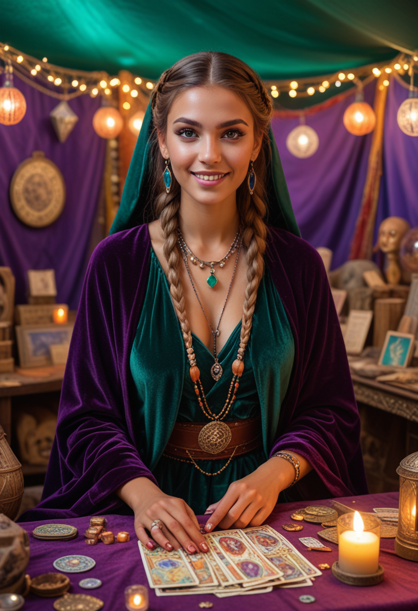 (medium full shot) of (mystical fortune teller) young woman, arabian, tan skin, jade green eyes, normal build, medium hazel dutch braid hair, wearing a velvet cloak , deep purple fitted vest with decorative elements, bohemian skirt, loafers with decorative details, smoky eyeshadow, tarot cards, gemstone rings,  set in  a bustling fair, with colorful tents, vibrant lights, a lively atmosphere, a mystical fortune tellerâs booth, during twilight, woman smiling, Masterpiece,best quality, photo, realistic, very aesthetic, detailed face,