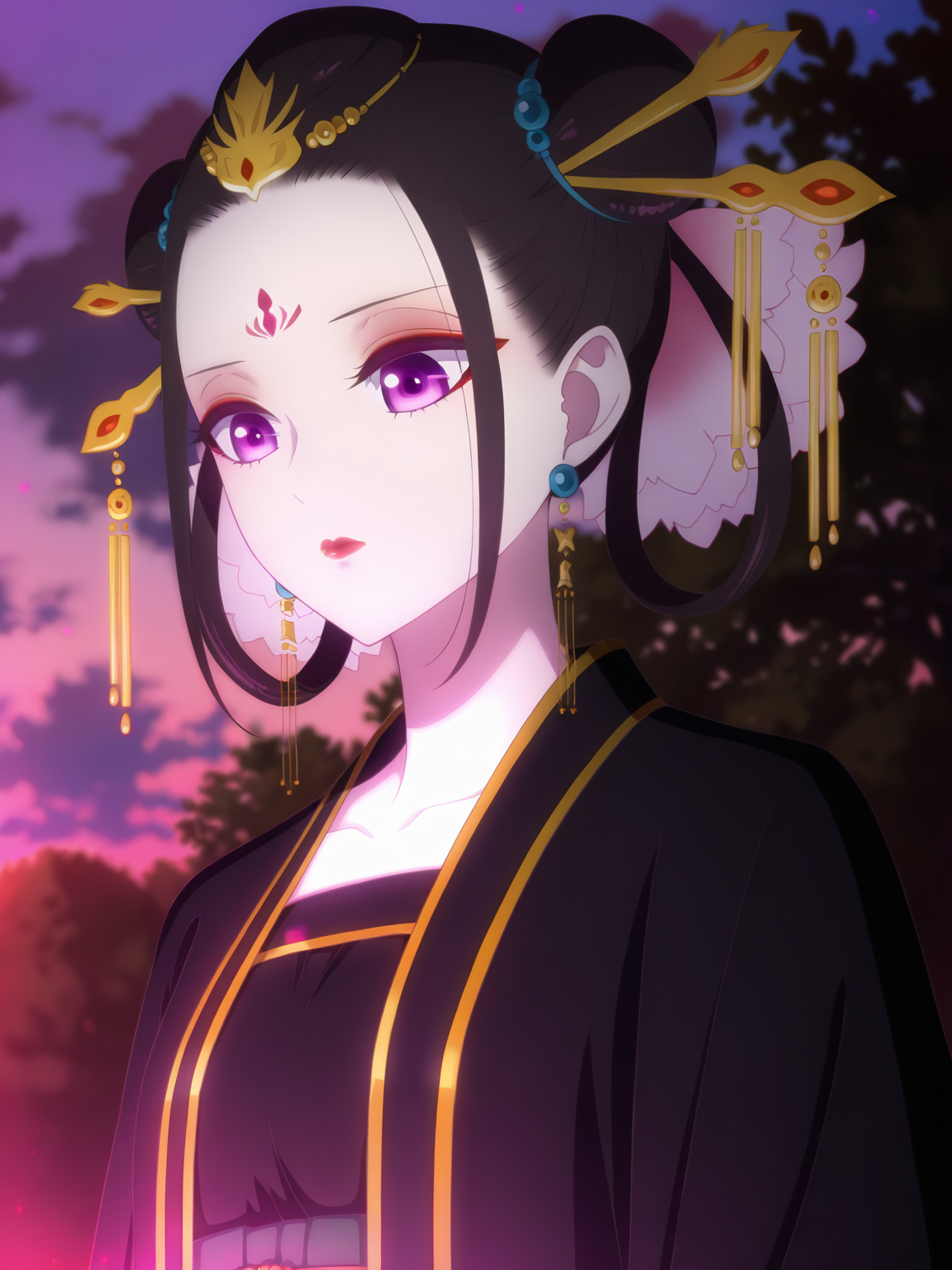 <lora:Ryuu_Jusetsu_v6:0.8>, ryuu jusetsu, 1girl, solo, purple eyes, red eyeshadow, red lips, forehead mark, black hair, hair rings, double bun, sidelocks, hair flower, hair beads, kanzashi, earrings, black kimono, gold trim, long sleeves, closed mouth, standing, arms at sides, portrait, looking down, outdoors, nature, sky, cloud, tree, twilight, underlighting, bloom