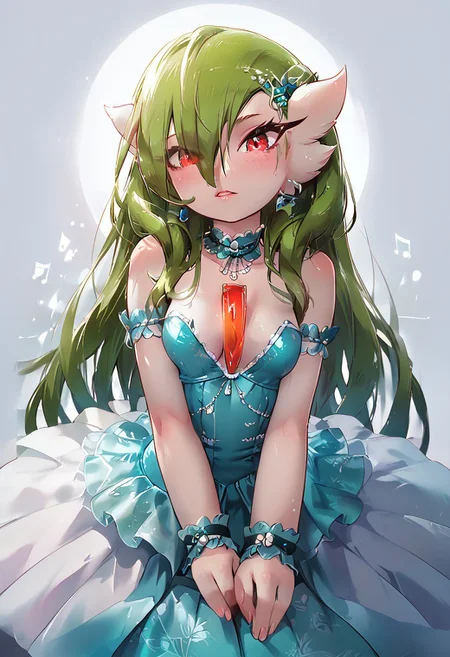 (((gardevoir))), female, furry, (long green hair), pale skin, (score_9, score_8_up, score_7_up), 20 year old, long green hair, idol dress, perky breasts, hair over breasts, long hair, pretty face, looking at viewer, red eyes, vivid eyes, EGirlMakeup, light freckles, idol outfit, singing, on the stage, volumetric lighting, vivid colours, g0thicPXL, face focus, Rilex Lenov Art style