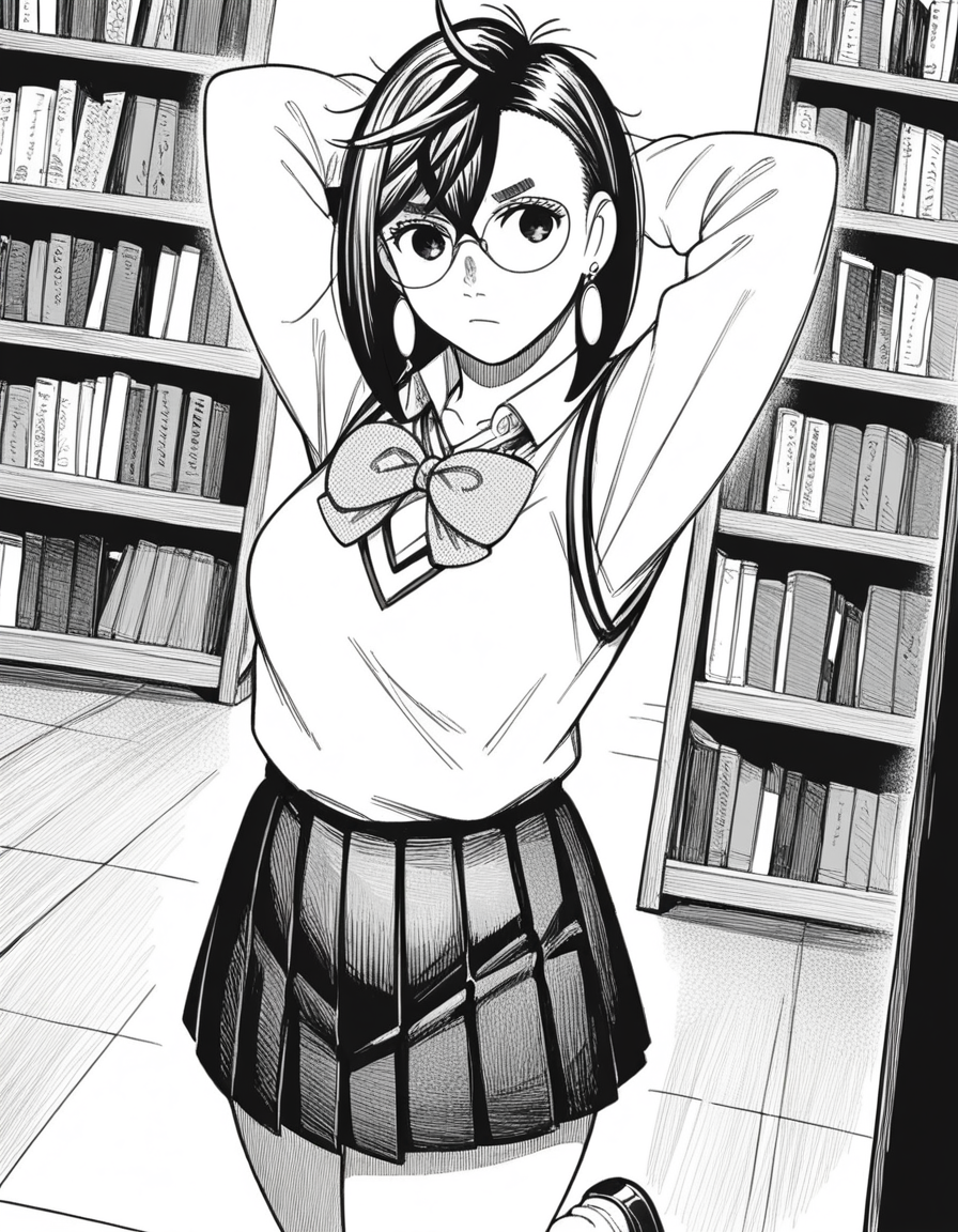 score_9, score_8_up, score_7_up, source_anime, <lora:momo-ayase-manga-ponyxl-lora-nochekaiser:1>, momo ayase, short hair, bangs, thick eyebrows, monochrome, greyscale, medium breasts,, skirt, school uniform, pleated skirt, shoes, socks, loafers, sweater vest, shirt, white shirt, collared shirt, earrings,, library, reading books, glasses, quiet, focused, shelves of books, , hand behind head, , looking at viewer, solo,, dutch angle, cowboy shot