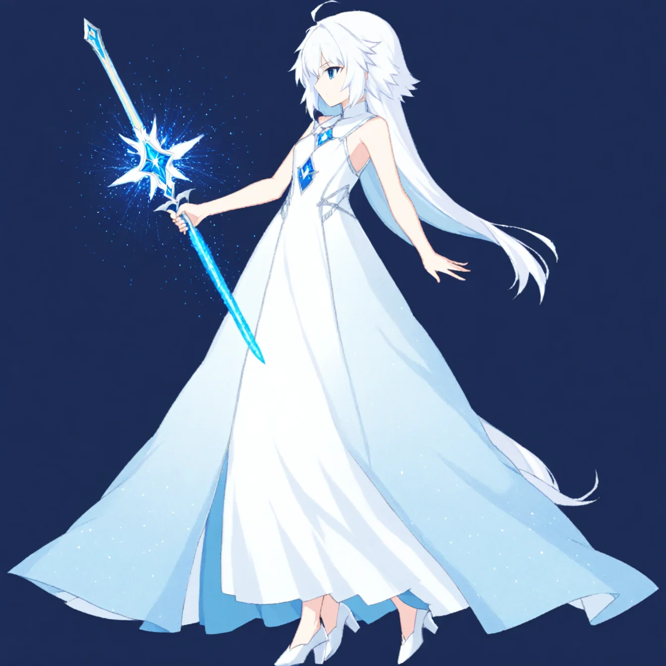 1girl, long dress, white dress, white hair, blue eyes, light particles, holding weapon, holding sword,
fgo sprite, full body, standing
<lora:fgo_sprites_xl_lora-step00007000:1>
