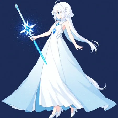1girl, long dress, white dress, white hair, blue eyes, light particles, holding weapon, holding sword, 
fgo sprite, full body, standing
<lora:fgo_sprites_xl_lora-step00007000:1>