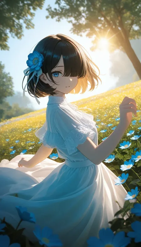 (masterpiece, best quality), safe, amazing quality, very aesthetic, absurdres, highres, newest, HDR, 8K, high detail RAW color art, large pupil, eyelashes, 
1girl, solo, short hair, hair over one eye, bangs, hair ornament, ribbon frill, outdoors, dancing,  sunlight filtering through trees, flower shower, falling flower, rim light, Dutch angle, from side, colored lighting, natural lighting,