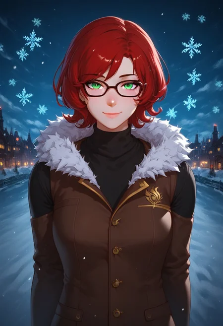 rwby, score_9, score_8_up, score_7_up,score_6_up, Expressiveh, 1dk, MAMANIKOS, 1girl, solo, mature woman, short hair, red hair, green eyes, glasses, age lines, 1girl, solo, alone, looking at viewer, score_9, source_anime, smile, closed mouth, long coat with fur trim, closed coart, shirt, pants, age lines
BREAK
city background, night, snow falling, snow, snowflakes, snowflakes in the air, cloudy sky