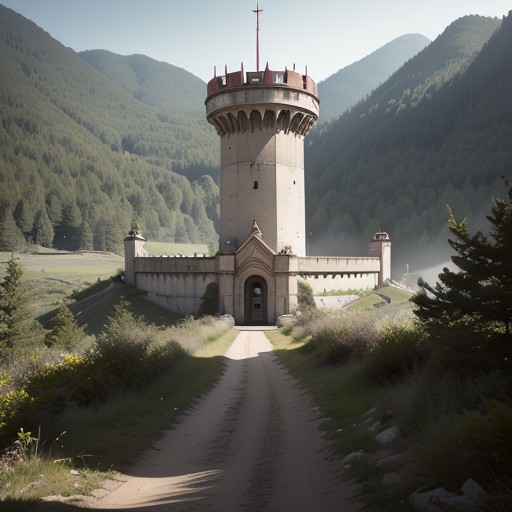realistic analog photo, award winning photo, vary wide shot of (authoritarian) Cement:1.3 witow (Military watchtower):1.3, fort, building, scenery, dirt path, (on a hilltop), nature, outdoors, RAW, highres, 8k, uhd, High Dynamic Range, tonemapping, crisp details,