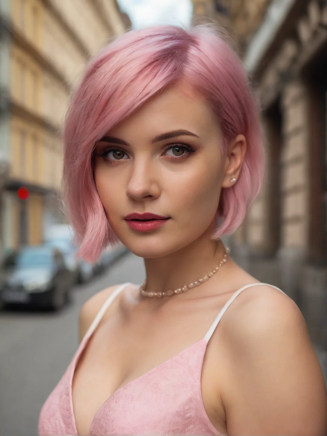Cinematic fashion photograph portrait of Myroslava_Medved_P_MXAI_SDXL fashion photoshoot, wearing a business dress, metropolitan street, (((Ultra-HD-details, Ultra-HD-detailed, Ultra-HD-realistic, Ultra-HD-photo-same-realistic-quality-details)))
