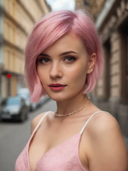 Cinematic fashion photograph portrait of Myroslava_Medved_P_MXAI_SDXL fashion photoshoot, wearing a business dress, metropolitan street, (((Ultra-HD-details, Ultra-HD-detailed, Ultra-HD-realistic, Ultra-HD-photo-same-realistic-quality-details)))