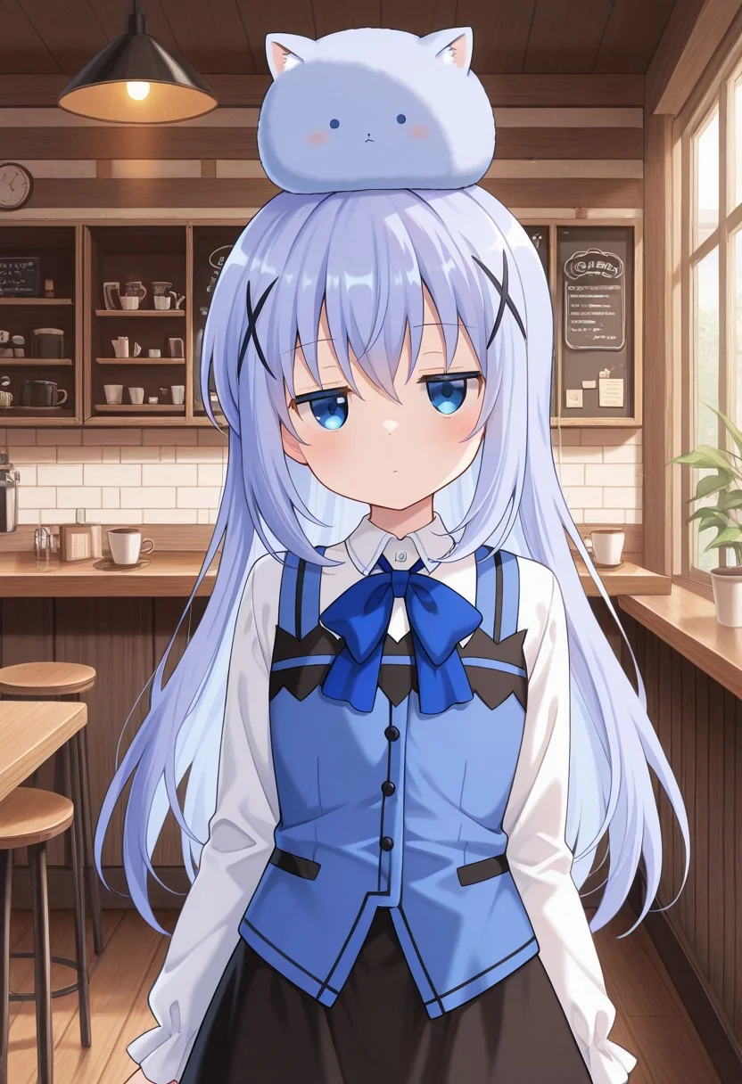 masterpiece, absurdres, highres, newest, 1girl, c-chino, periwinkle hair, blue vest, collared shirt, black skirt, long sleeves, blue bowtie, looking at viewer, indoors, cafe, animal on head, gochiusa, jitome,