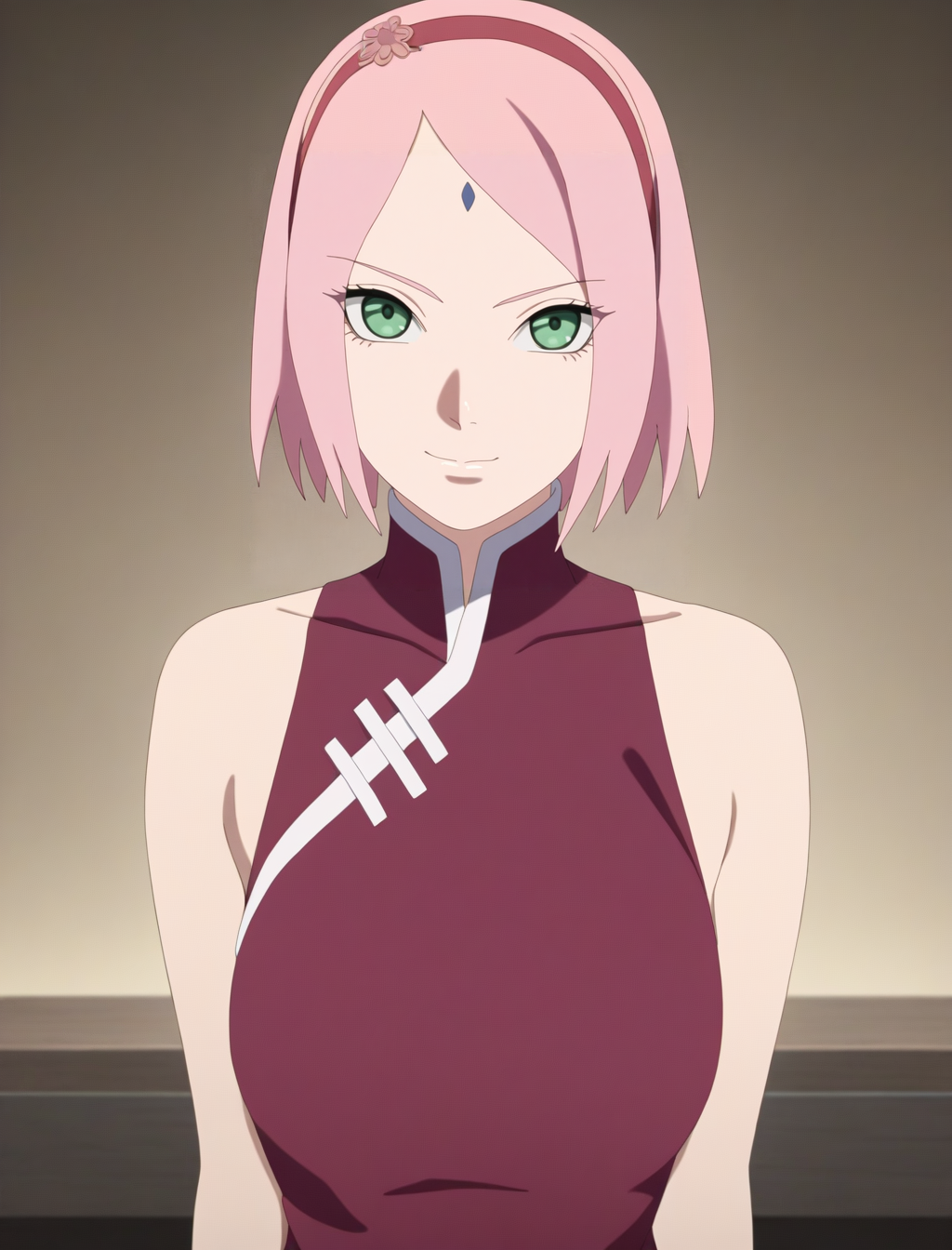 best quality,masterpiece,highres,absurdres,1girl,solo,newest,rating: rating: general,  <lora:Boruto_Sakura_XL-step00001000:0.9> ,(boruto_sakura_xl, short hair, pink hair, haruno sakura, green eyes,  facial mark, forehead mark, hairband,red hairband),looking at viewer, cowboy shot,china_dress,