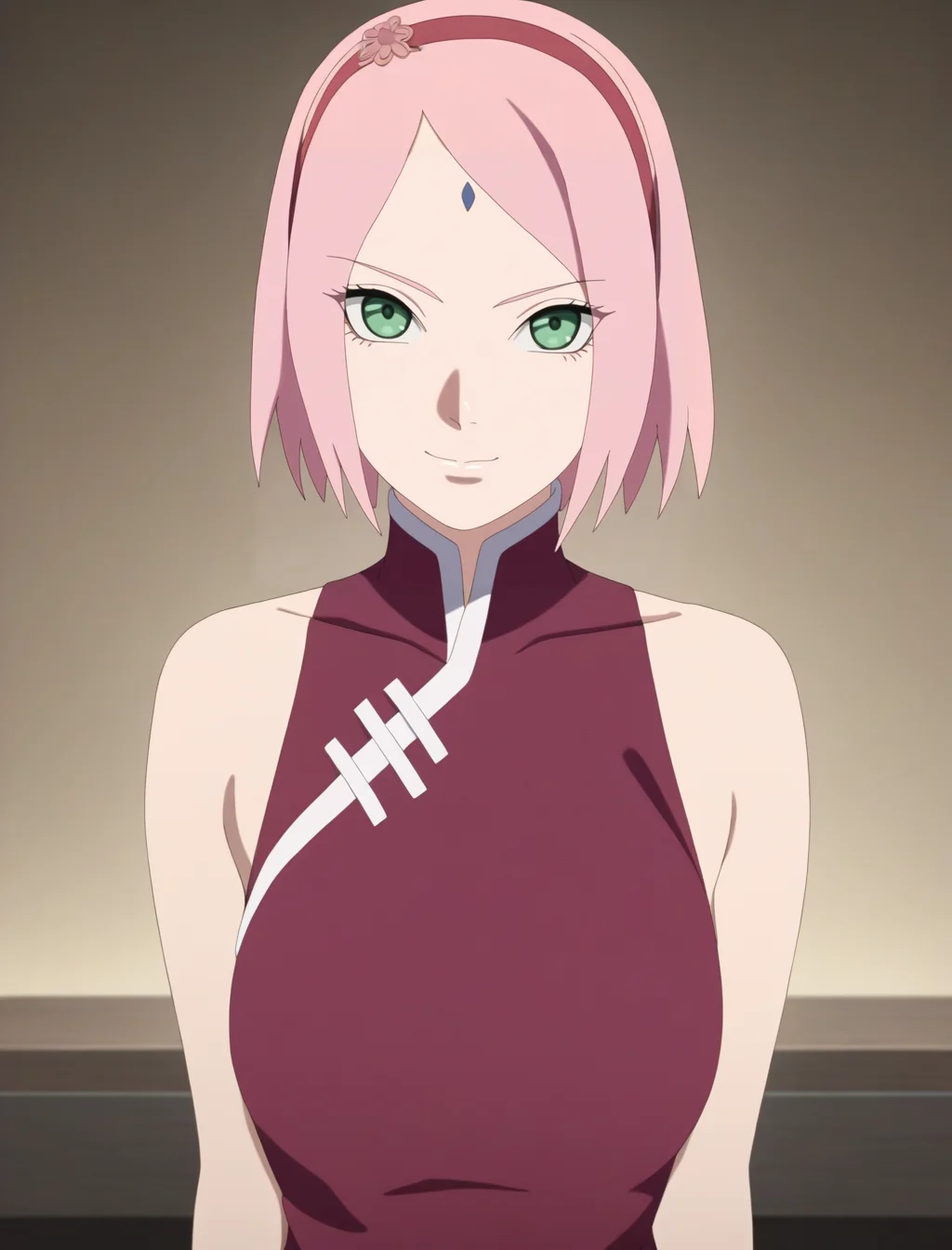 best quality,masterpiece,highres,absurdres,1girl,solo,newest,rating: rating: general, <lora:Boruto_Sakura_XL-step00001000:0.9> ,(boruto_sakura_xl, short hair, pink hair, haruno sakura, green eyes, facial mark, forehead mark, hairband,red hairband),looking at viewer, cowboy shot,china_dress,