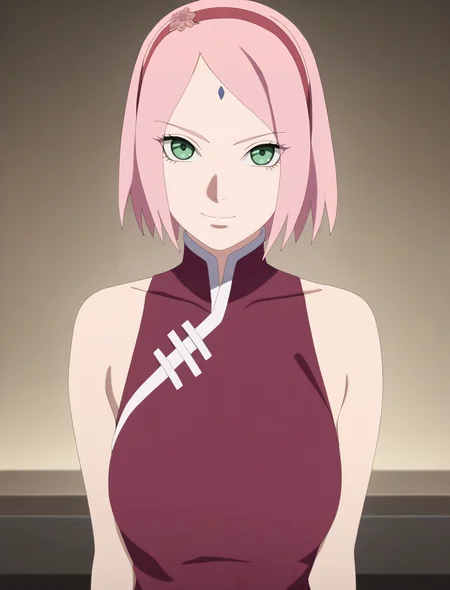 best quality,masterpiece,highres,absurdres,1girl,solo,newest,rating: rating: general, <lora:Boruto_Sakura_XL-step00001000:0.9> ,(boruto_sakura_xl, short hair, pink hair, haruno sakura, green eyes, facial mark, forehead mark, hairband,red hairband),looking at viewer, cowboy shot,china_dress,