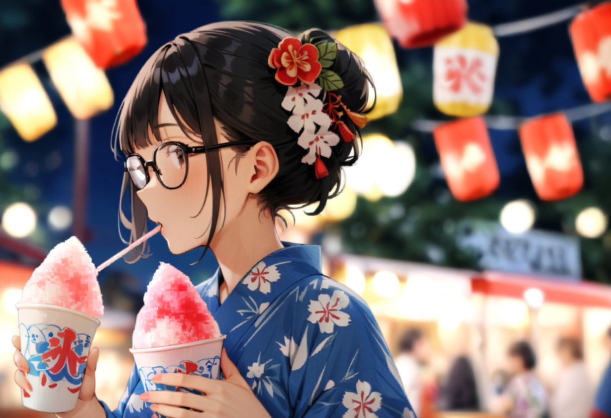 masterpiece, best quality, very aesthetic, absurdres,
1girl, solo, glasses, black hair, short hair, hair bun, hair ornament, yukata, floral print,
holding, holding food, kakikoori_red, shaved ice, cup, food, drinking straw, outdoors, blurry background, night, paper lantern, summer, 
<lora:kakikoori_SDXL_V2:1>