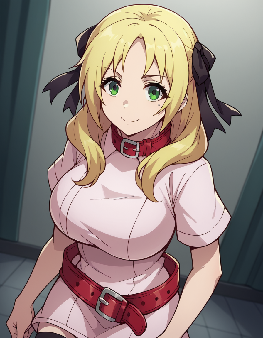 score_9, score_8_up, score_7_up, source_anime, <lora:esther-rosenthal-acc1-ponyxl-lora-nochekaiser:1>, esther rosenthal, long hair, blonde hair, green eyes, mole, mole under eye, black ribbon, black bow, hair ribbon, large breasts,, thighhighs, belt, nurse, dress, pink dress, short sleeves, collar,, indoors, smile, looking at viewer, solo,, cowboy shot, dutch angle