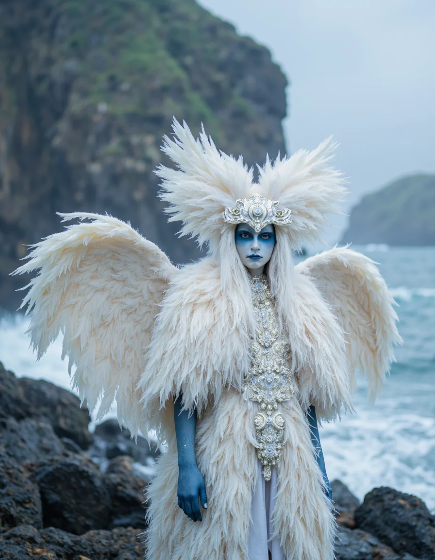 Photorealistic digital art in fantasy style. The image depicts a mystical figure adorned with elaborate white feathered wings and headdress, blending seamlessly with a luxurious feathered cape. Her face is painted with ethereal blue and white makeup, accentuating her enigmatic aura. She stands against a rugged coastal backdrop, with crashing waves and rocky terrain highlighted by soft, diffused lighting. The composition conveys a sense of both strength and grace, merging natural elements with fantastical attire in a highly detailed and immersive visual narrative.
