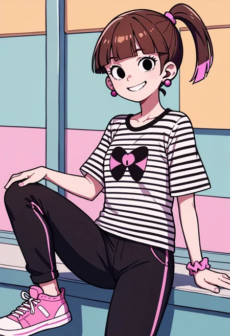 score_9, score_8_up, score_7_up BREAK SonyaToast, 1girl, brown hair, blunt bangs, black eyes, ponytail with pink accents, pink scrunchie, fuchsia pearl earrings, short-sleeved black white striped shirt, black pants, pink white high-top sneakers, smiling at viewer, cartoon, source_cartoon,