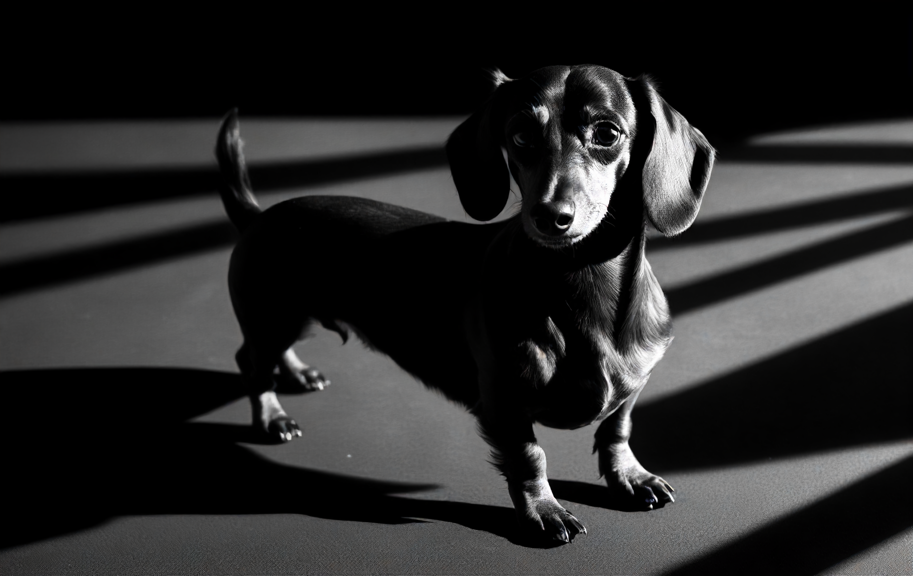 greyscale, natural photography of a dachshund, cinematic, detailed shadow, black background, <lora:casting shadow style v2:0.5> casting shadow style,