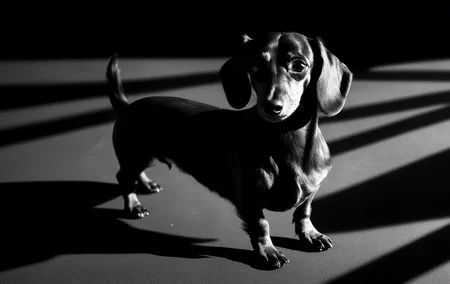 greyscale, natural photography of a dachshund, cinematic, detailed shadow, black background, <lora:casting shadow style v2:0.5> casting shadow style,