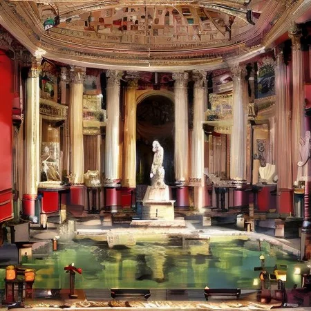 (masterpiece:1.2), (best quality,:1.2), 8k, HDR, ultra detailed, ((photorealistic)), professional light, cinematic lighting, fashion photography, ambient lighting, face lighting, <lora:detail_slider_v4:1>, Fantasy picture, OverallDetail, large ancient roman with a fountain and one statue in the center, RomInt, <lora:RomanInterior-10:1>, epiCPhoto