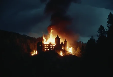 cinematic wide shot of a burning castle on a hill, dark night, stormy forest, creepy atmosphere, h4mm3r <lora:h4mm3r:0.8>