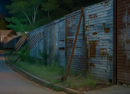cinematic movie still of TWDAlexandriaWall, woodland, rusted metal, angled supports, old southern homes at night, dirty street, hyperdetailed, shallow depth of field, f1.4, <lora:TWDAlexandriaWall:1>