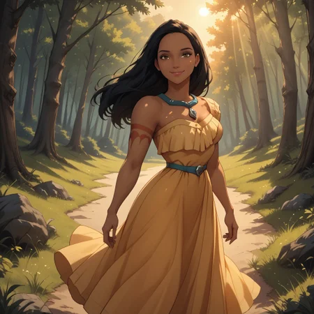 score_9, score_8, BREAK, solo, black hair, brown eyes, necklace, off shoulder dress, yellow dress, left arm tattoo, red tattoo, breasts, barefoot, dark skin, dark skin female, Pocahontas, cute, sexy pose, self portrait, smile, outdoors, sunlight, shadows, evening lighting, natural lighting, forest, trees, grass, orange sky, sunset