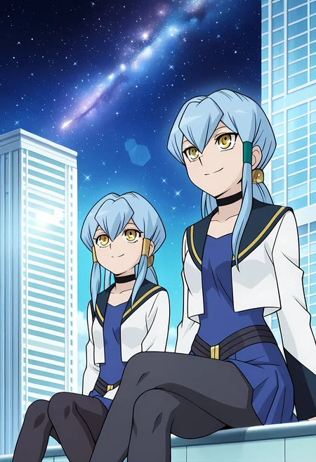 masterpiece,best quality,amazing quality,
2girls,
(1girl, Jillian & Sharlene (Cardfight Vanguard), jillian chen, long hair, blue hair, hair tubes, sidelocks, ponytail, choker, yellow eyes, sharp eyes, school uniform, jacket, long sleeves, blue skirt, black pantyhose),
(1girl, Jillian & Sharlene (Cardfight Vanguard), sharlene chen, long hair, blue hair, hair tubes, left sidelocks, ponytail, choker, yellow eyes, school uniform, jacket, long sleeves, blue shorts, black pantyhose),
BREAK
side to side, looking up, smile,
cinematic, cross legs, crossing legs,
Outdoors, night, On top skyscraper, galaxy sky,
Lens flare, bloom,
Official style, anime screencap, anime coloring,