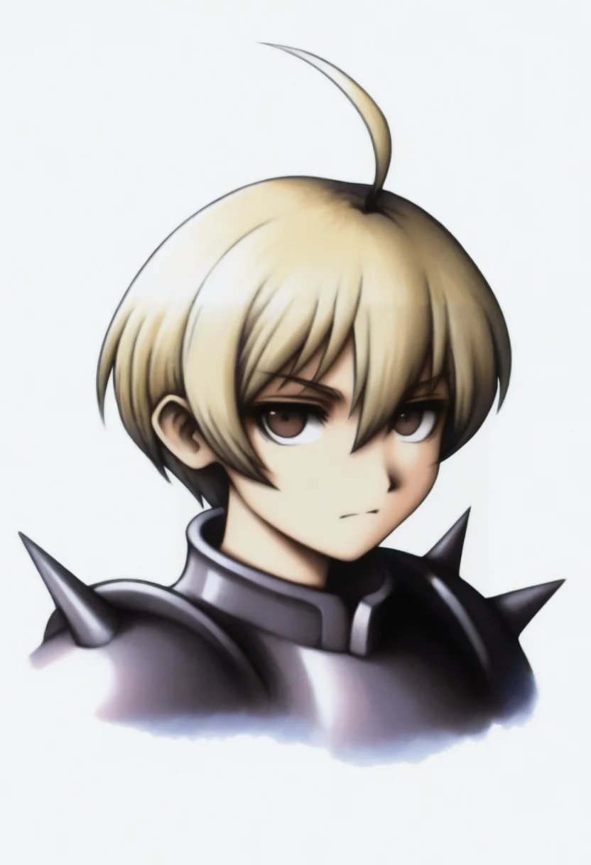 masterpiece, best quality, solo, 1boy, looking at viewer, <lora:FF7-Portraits-illus_Fp:1>, simple background, portrait, white background, ramza beoulve, blonde hair, brown eyes, ahoge, black armor, spiked pauldrons,male focus,