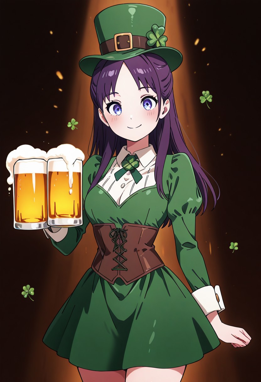 masterpiece, best quality, looking at viewer, smile,  1girl, solo(beautiful eyes), C0utur3Cr4z3,  green hat, corset, green skirt, long sleeves, collared dress, solo, smile, looking at viewer, cowboy shot,  ShamrockWorld, clover, four-leaf clover, beer mug, WWNemu, NemuAniHu, dark purple hair,  parted bangs, half updo, blue eyes,