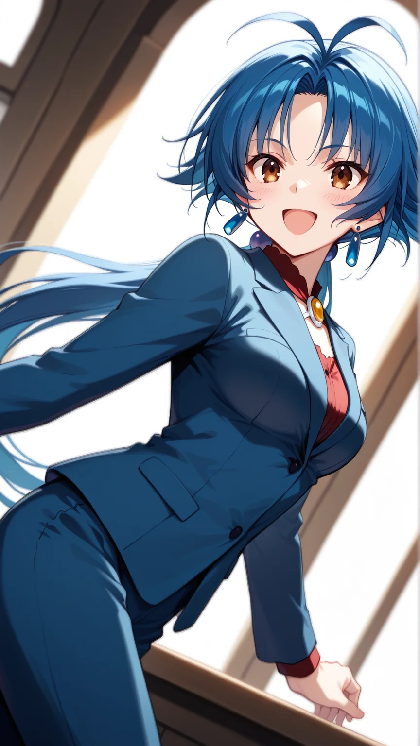 source_anime, general, best quality, masterpiece, 1girl, <lora:Aria_Advance_ill_v1.1:1> aria_advance\(srw\), brown eyes, blue hair,medium breasts,long hair,low ponytail , jewelry,earrings,business suit, happy, (embarrassed:0.8), dynamic pose, dutch angle,