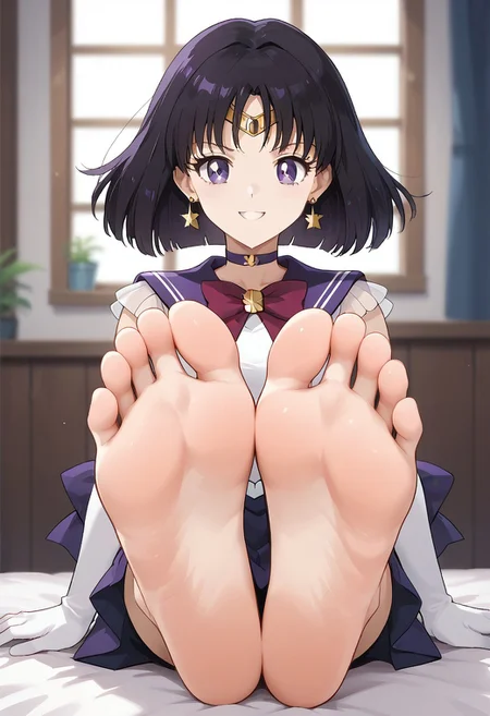 score_9, score_8_up, score_7_up, score_6_up, score_5_up, score_4_up, source_anime, BREAK, (masterpiece:1.4), (best quality:1.2), expressive eyes, perfect face, perfect anatomy, accurate anatomy, perfect feet, perfect soles, 1 girls, feet, soles, toes, foot focus, front view, smile, cute expression, clean feet, sitting, hands on ground, showing feet, barefoot, PONYXL_WaifuFeetPics_ownwaifu, feet, Sailor Saturn, 1girl, bob cut,tiara,earrings,sailor senshi uniform,purple eyes, purple choker, purple sailor collar, red bowtie, white shirt, elbow gloves, white gloves, pleated skirt, purple miniskirt