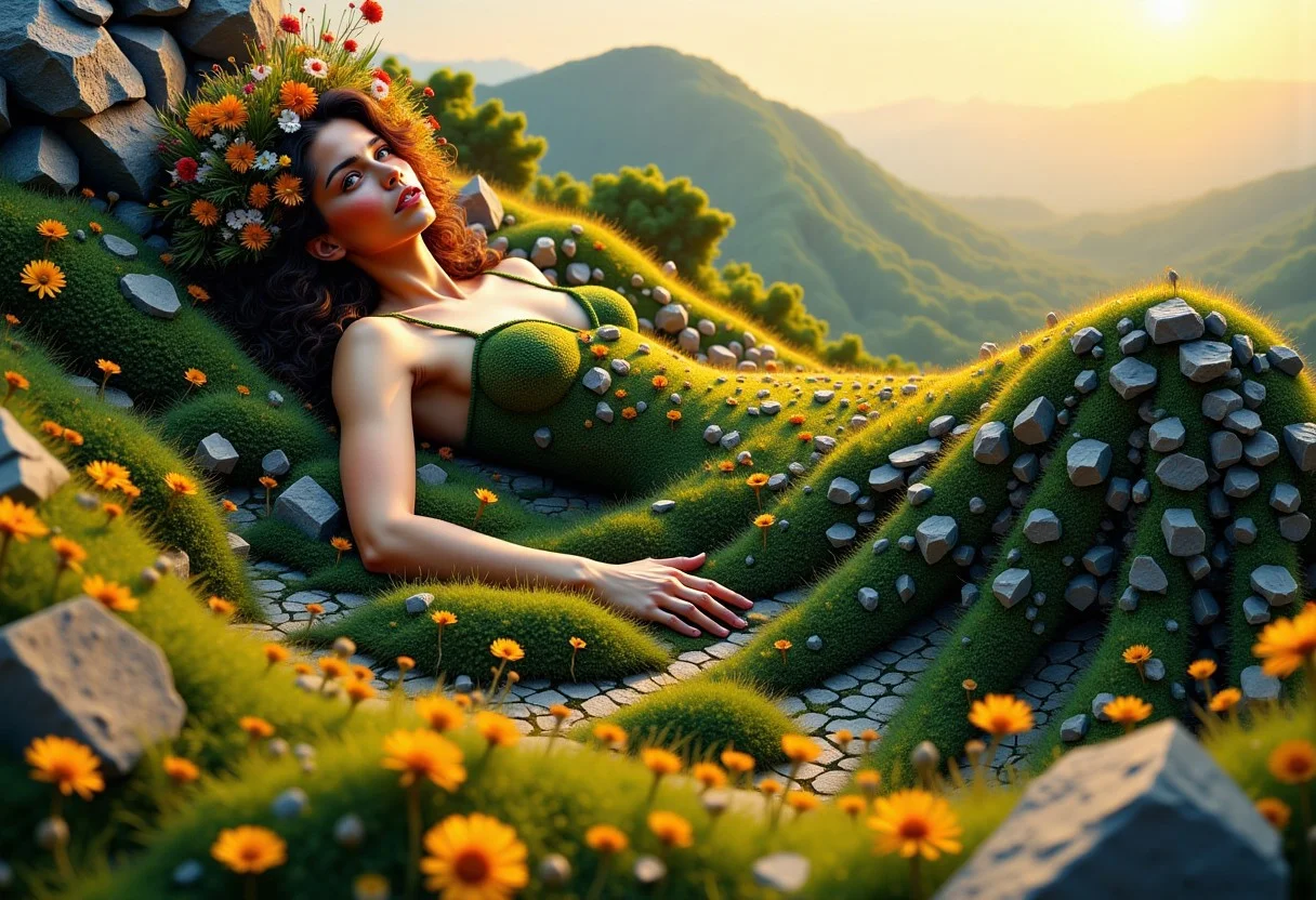 Surreal concept art of The form of the maiden who is lying down, she is the spring landscape and it forms her dress, creating hills and valleys of lush vegetation and flowery grasses with meandering paths like stitch work in her dress representing paths and roads, hyperdetailed realistic textures and natural lighting of the dawn of a warm summer day, her hair is a copse of trees and rocks and stones from her face like a natural formation, her body blends seamlessly into the surrounding landscape, ultrarealistic and hyperdetailed, amazing depth