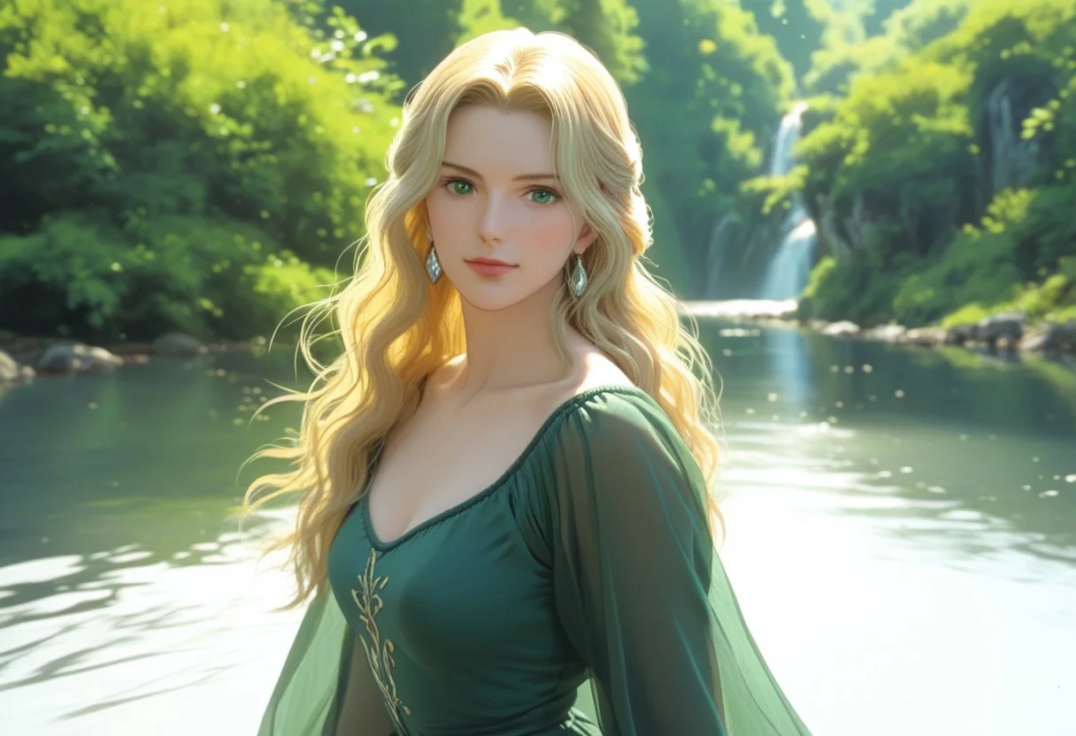 score_9, score_8_up, score_7_up, score_6_up, score_5_up, score_4_up, 1girl, (solo), beautiful, beauty, Éowyn (Miranda Otto inspired), long hair, straight hair, blonde hair, green eyes, beautiful skin, in a flowing green dress, in a forest, looking at viewer, The Lord of the Rings style, Ghibli, v4mpd, retro_artstyle, ultra detailed, hyperdetailed, cel shading, 4k, 8k, masterpiece, absurdres