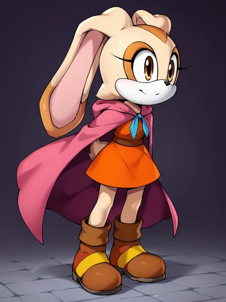 score_9, score_8_up, score_7_up, <lora:Cream_the_Rabbit_Pony:1.0> cre4mth3r4bb1t, Furry, furry female, animal ears, animal nose, rabbit ears, rabbit girl, tail, brown gloves, multicolored fur, orange dress, mauve cloak, brown boots, <lora:Bianca_the_bunny_PonyXL:0.5> short dress, hooded cloak,