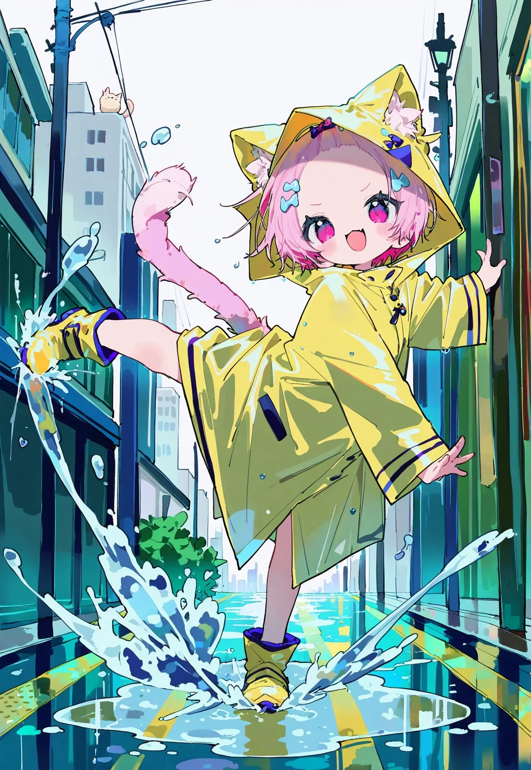amazing quality, high resolution, high detail, newest, cute details, absurdres, hires, chromatic abberation, 1girl, solo, :D, having fun, delighted expression, smug, short hair, pink hair, cat girl, cat ears, ear fluff, cat tail, hooded jacket, raincoat, hood_up, face focus, kicking, kicking a rain puddle, splashing water, hair ornament, forehead , rain, <lora:NanmoKaken>, full body, city, detailed background