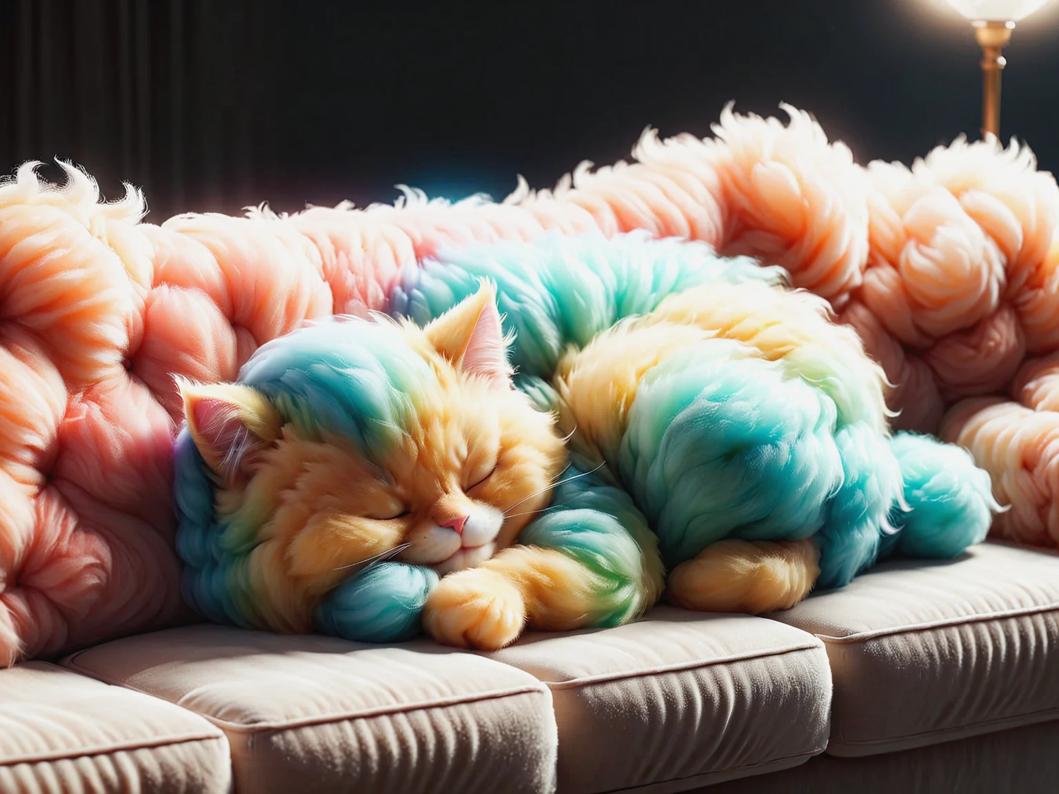 cat sleeping on a sofa mad-cttncndy, fluffy, light smile, dynamic pose, cinematic shot, great lighting <lora:Cotton_Candy_SDXL:0.8>, (masterpiece:1.2), best quality