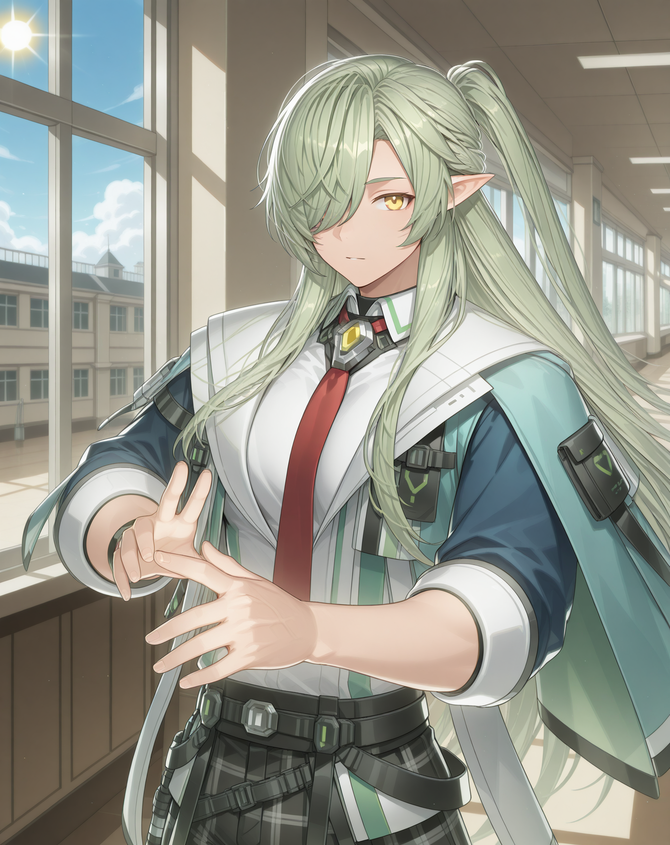 masterpiece,best quality,amazing quality, newest, very aesthetic, absurdres,
1boy, solo, yaoi, male focus, looking at viewer, cowboy shot,
 <lora:Zero_T_FSI_ilxl:1>  zerotfsi, hair over one eye, green hair, pointy ears,yellow eyes, ponytail, half updo, elf, hair between eyes,sidelocks, one eye covered,
school uniform, white shirt, collared shirt, blue jacket, red necktie, black pants, plaid pants,
indoors, school, hallway, window, day, sun,