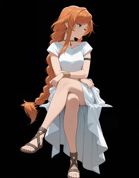<lora:Flamme Illu:1>fl4mme, orange hair, green eyes, braided ponytail, earrings,
white dress, short sleeves, single armlet, bracelets, necklace, sandals,
crossed legs,
simple background, black background,, masterpiece, best quality, amazing quality
