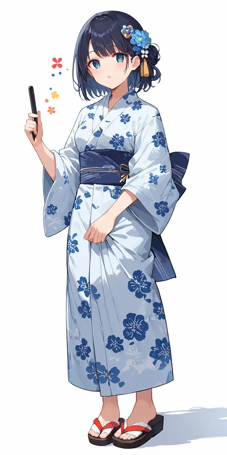 score_9, score_8_up, score_7_up,source_anime, high res image,masterpiece,best quality,woman,cute face,clear skin,shiny hair,ultra detailed eyes,simple background,  <lora:yukata_pony_V1.0:0.5> jyojifuku, yukata, japanese clothes, floral print,hair ornament,sandals