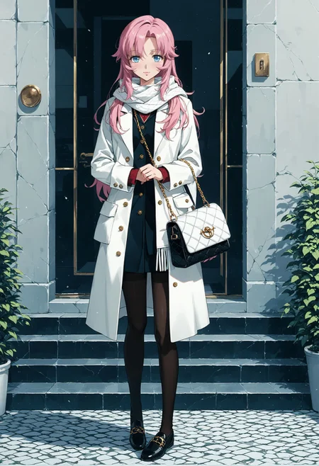 score_9, score_8_up, score_7_up, best quapoty, highres, absurdres, source_anime, 1girl, Utena, <lora:Utena:0.8>, scarf, white scarf, bag, pantyhose, standing, holding, long sleeves, handbag, black footwear, black pantyhose, full body, coat, shoes, parted lips, Seated on a velvet chaise longue in a sunlit boudoir, she radiates sensuality and quiet confidence