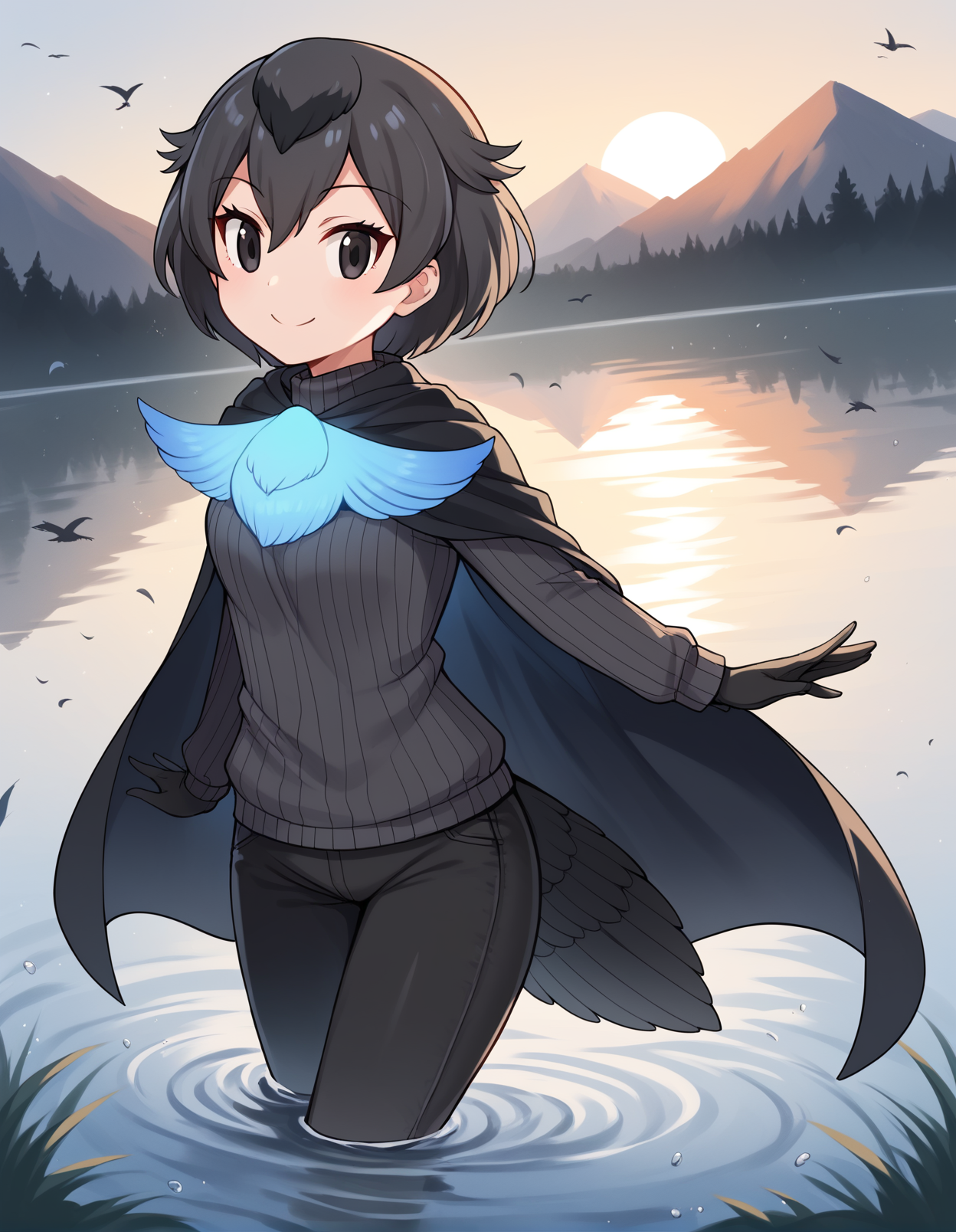 score_9, score_8_up, score_7_up, score_6_up, score_5_up, score_4_up, source_anime, rating_explicit, BREAK, <lora:SBoPWPXL_LoRA-C3Lier_AdamW_Dim16_Alpha16_UN-3e-4_TE-1.5e-4_8batch_ponyDiffusionV6XL_v6StartWithThisOne:1>, superb bird-of-paradise \(kemono friends\), 1girl, bird girl, head wings, multicolored hair, short hair, black eyes, bird tail, glowing wings, blue wings, black cape, black sweater, turtleneck, black gloves, long sleeves, black pants, floating, dancing, wading, smile, closed mouth, dutch angle, lake, fog, sunset, caustics, mountainous horizon