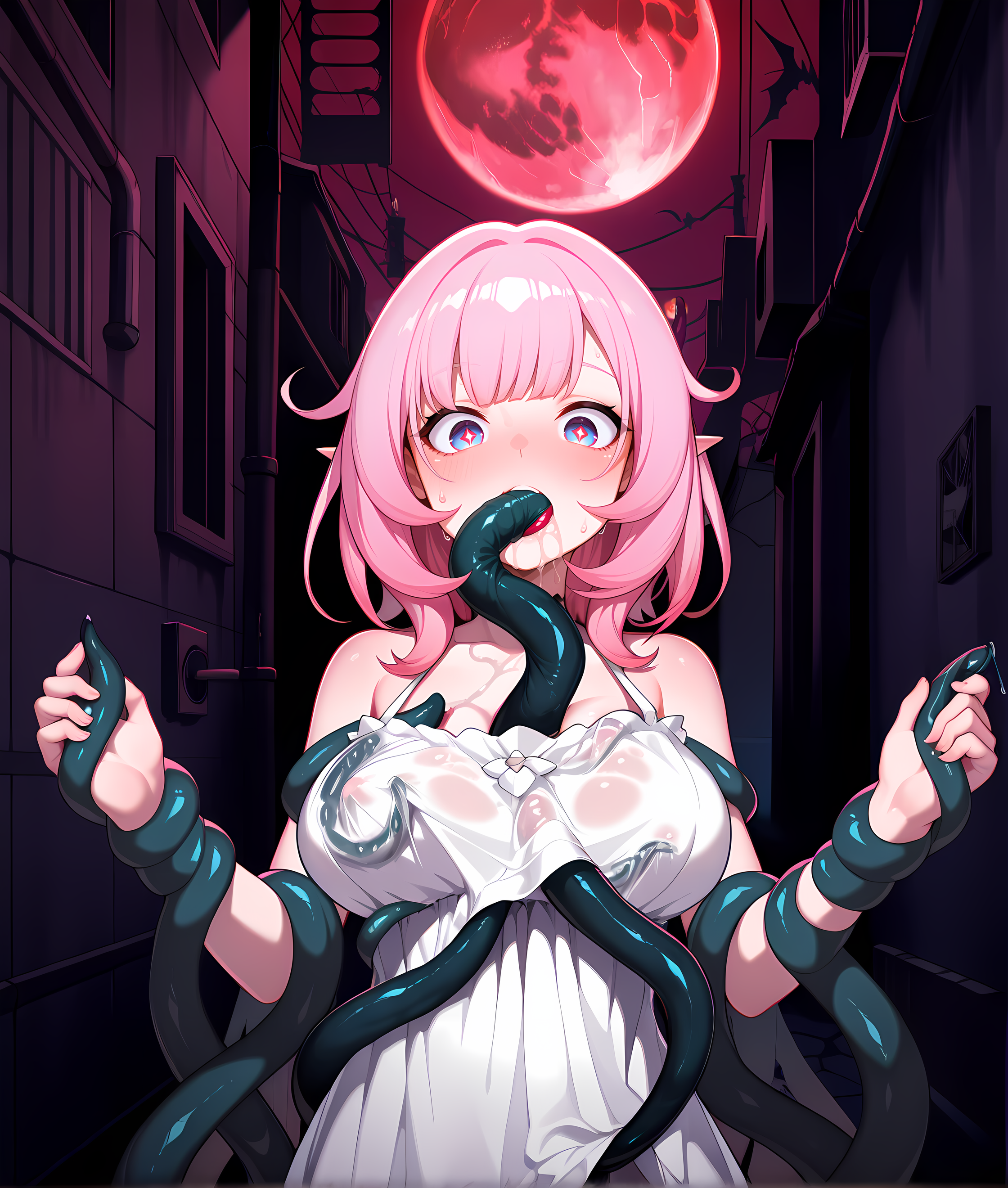 <lora:Tentacles_under_clothes>,(tentacles under clothes:1.5),upper body,sundress,(elysia \(honkai impact\):0.8),outdoors,alley,night,moonlight,red moon,horror \(theme\),halloween,tentacle pit,tentacles,consensual tentacles,, masterpiece,best quality,amazing quality, very aesthetic, absurdres,detailed eyes,ultra-detailed,