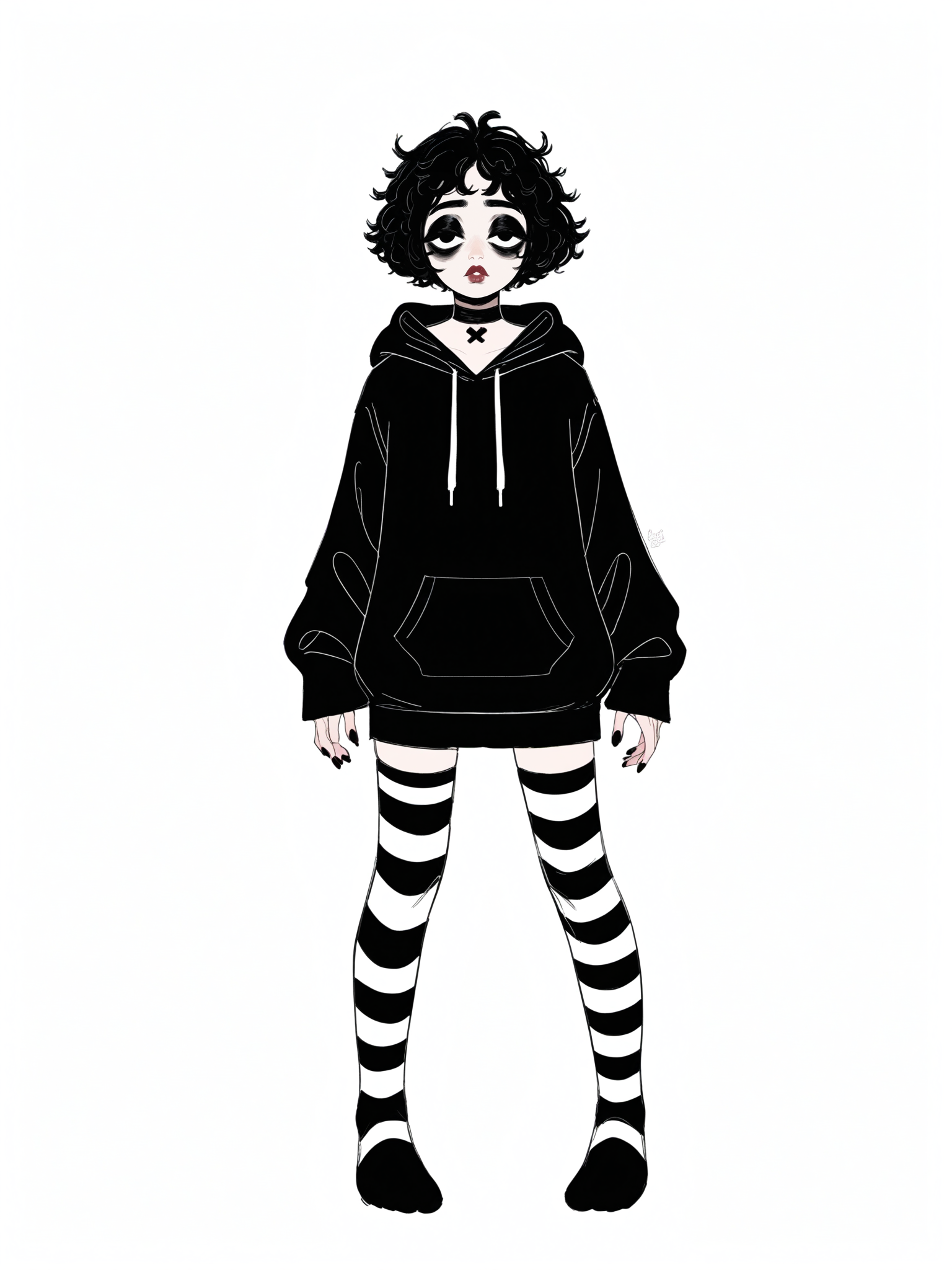 score_9, score_8_up, score_7_up, score_6_up, score_5_up, score_4_up, rating_safe,
BREAK
boy with black hair, femboy, trap, otoko no ko, black eyes, messy hair, short hair, black eyeshadow, black eyeliner, bags under eyes, thick lips, adult, mature,
BREAK
solo, standing, skinny, thigh gap, black hoodie, black striped thighhighs, oversized clothes, long hoodie, black nails, black choker,
BREAK
white background, sketch, godivaghoul, <lora:Lunas-GodivaGhoul-SDXL-B2:1>
