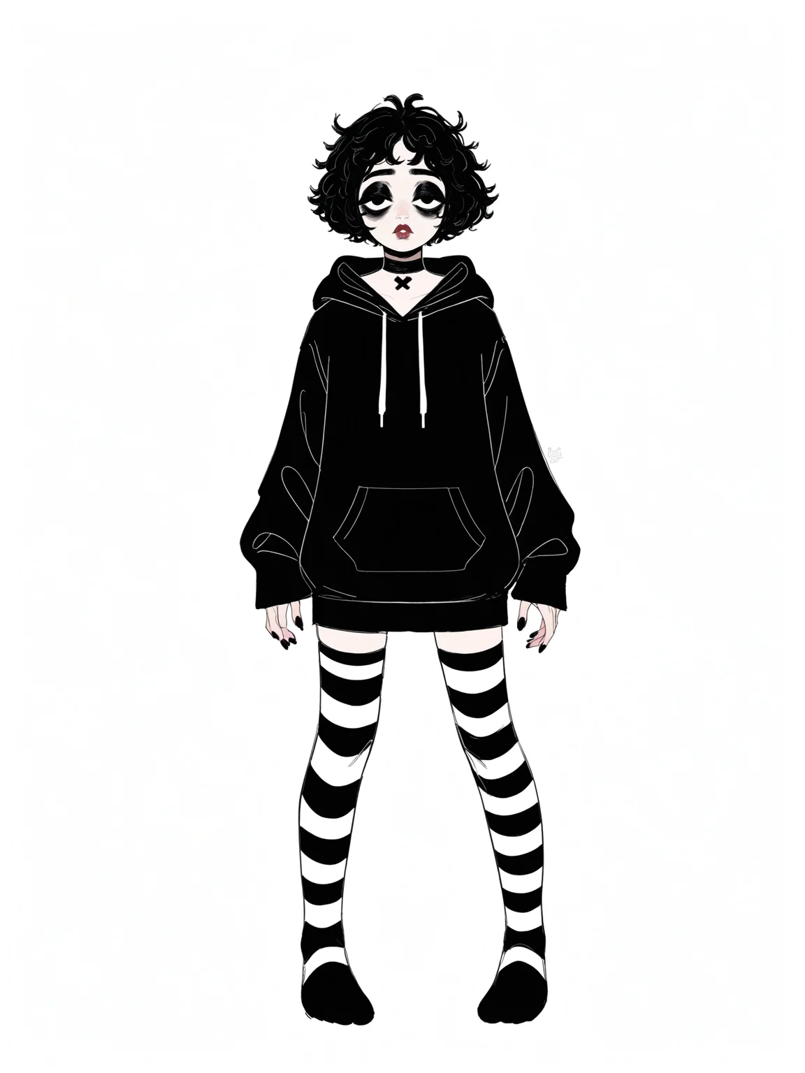 score_9, score_8_up, score_7_up, score_6_up, score_5_up, score_4_up, rating_safe,
BREAK
boy with black hair, femboy, trap, otoko no ko, black eyes, messy hair, short hair, black eyeshadow, black eyeliner, bags under eyes, thick lips, adult, mature,
BREAK
solo, standing, skinny, thigh gap, black hoodie, black striped thighhighs, oversized clothes, long hoodie, black nails, black choker,
BREAK
white background, sketch, godivaghoul, <lora:Lunas-GodivaGhoul-SDXL-B2:1>