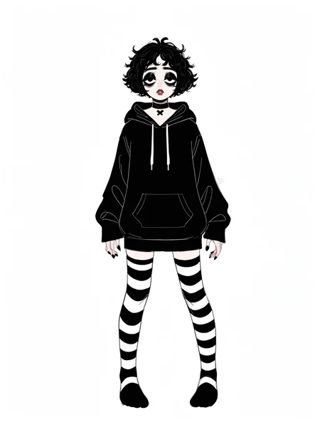 score_9, score_8_up, score_7_up, score_6_up, score_5_up, score_4_up, rating_safe,
BREAK
boy with black hair, femboy, trap, otoko no ko, black eyes, messy hair, short hair, black eyeshadow, black eyeliner, bags under eyes, thick lips, adult, mature,
BREAK
solo, standing, skinny, thigh gap, black hoodie, black striped thighhighs, oversized clothes, long hoodie, black nails, black choker,
BREAK
white background, sketch, godivaghoul, <lora:Lunas-GodivaGhoul-SDXL-B2:1>