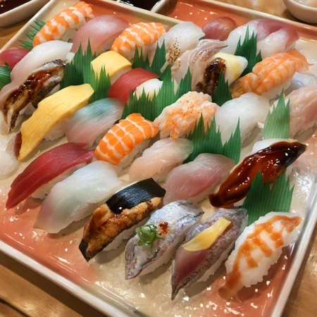 best quality, ultra-detailed,
nigiriL, sushi, food focus, food, still life, vegetable, plate, realistic, photo background,
<lora:sushi_SDXL_V2:1>