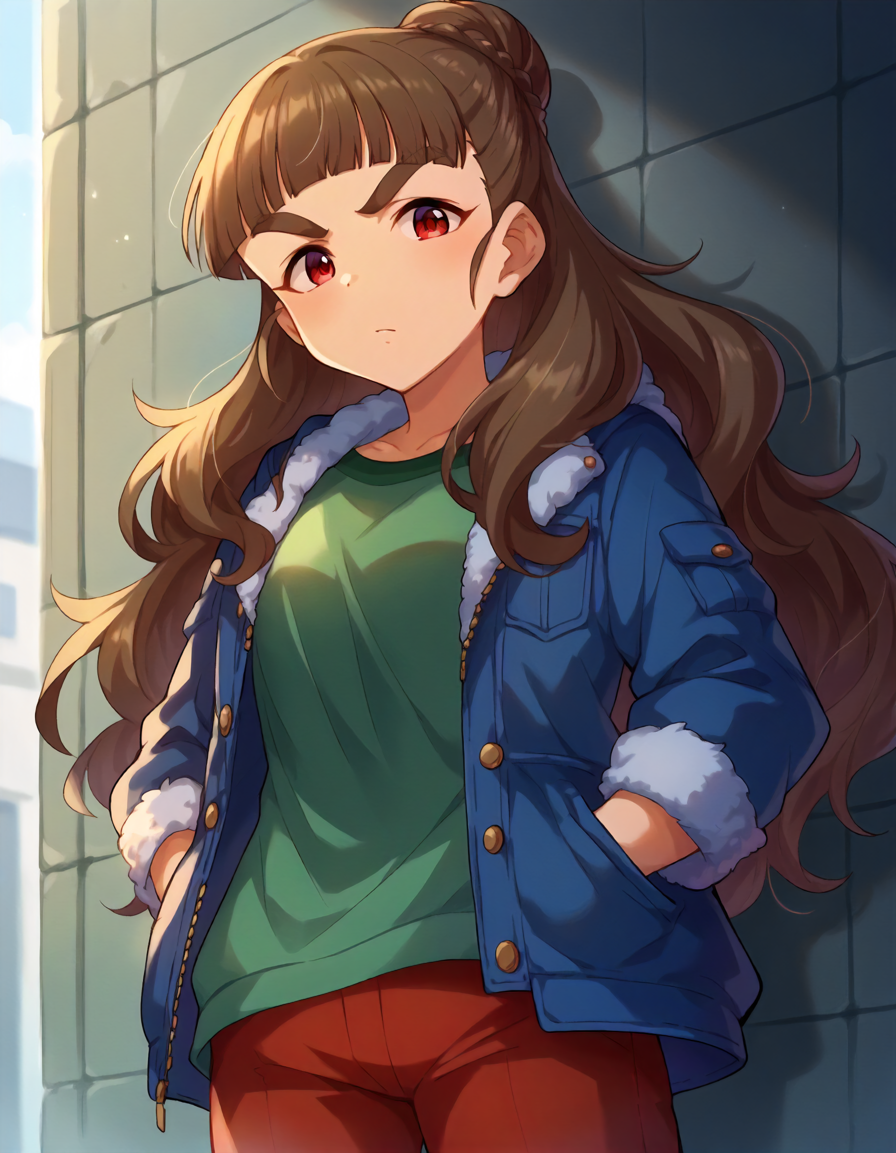 score_9,score_8_up,score_7_up,1girl,solo,cowboy shot,looking at viewer,hands in pockets,outdoors,
<lora:kamiyanao_ponyXLV6:0.8>,cgknao,
brown hair,long hair,single hair bun,blunt bangs,thick eyebrows,red eyes,
green shirt,blue jacket,red pants