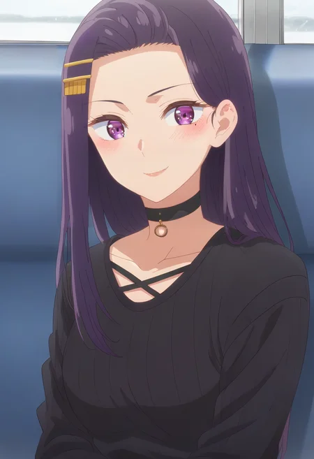 <lora:Sayuri Akino:1>sayuri akino, purple_hair, long_hair, purple_eyes, hair_ornament, blush , hairclip, 1girl, solo, mole_under_eye, black_shirt, black_choker, black_sweater, smile, looking at viewer, score_9, score_8_up, score_7_up, , anime coloring ,BREAK source_anime, anime