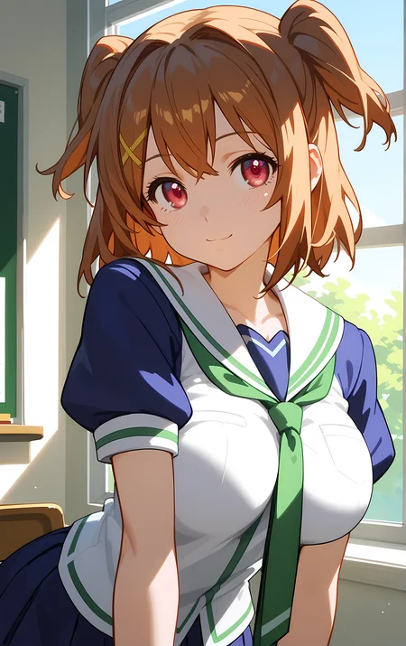 (score_9, score_8_up, score_7_up), 1girl, window, sunlight, classroom,
leaning forward, looking at viewer, closed mouth, light smile, tight clothes, close-up,
ohwx, 1girl, solo, breasts, brown_hair, large_breasts, short_hair, two_side_up, pink_eyes, red_eyes, school uniform,
<lora:kushiya_inaho_pony_ss:1>